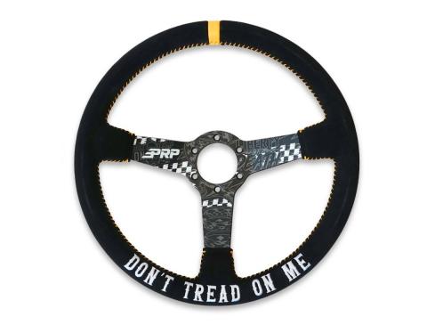 Don't Tread on Me Deep Dish Suede Steering Wheel 13 Inch Diameter Black and Yellow PRP Seats