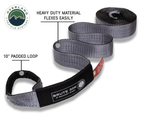 Tow Strap 30 30,000 lb. 3 x 30' Gray Storage Bag Overland Vehicle Systems